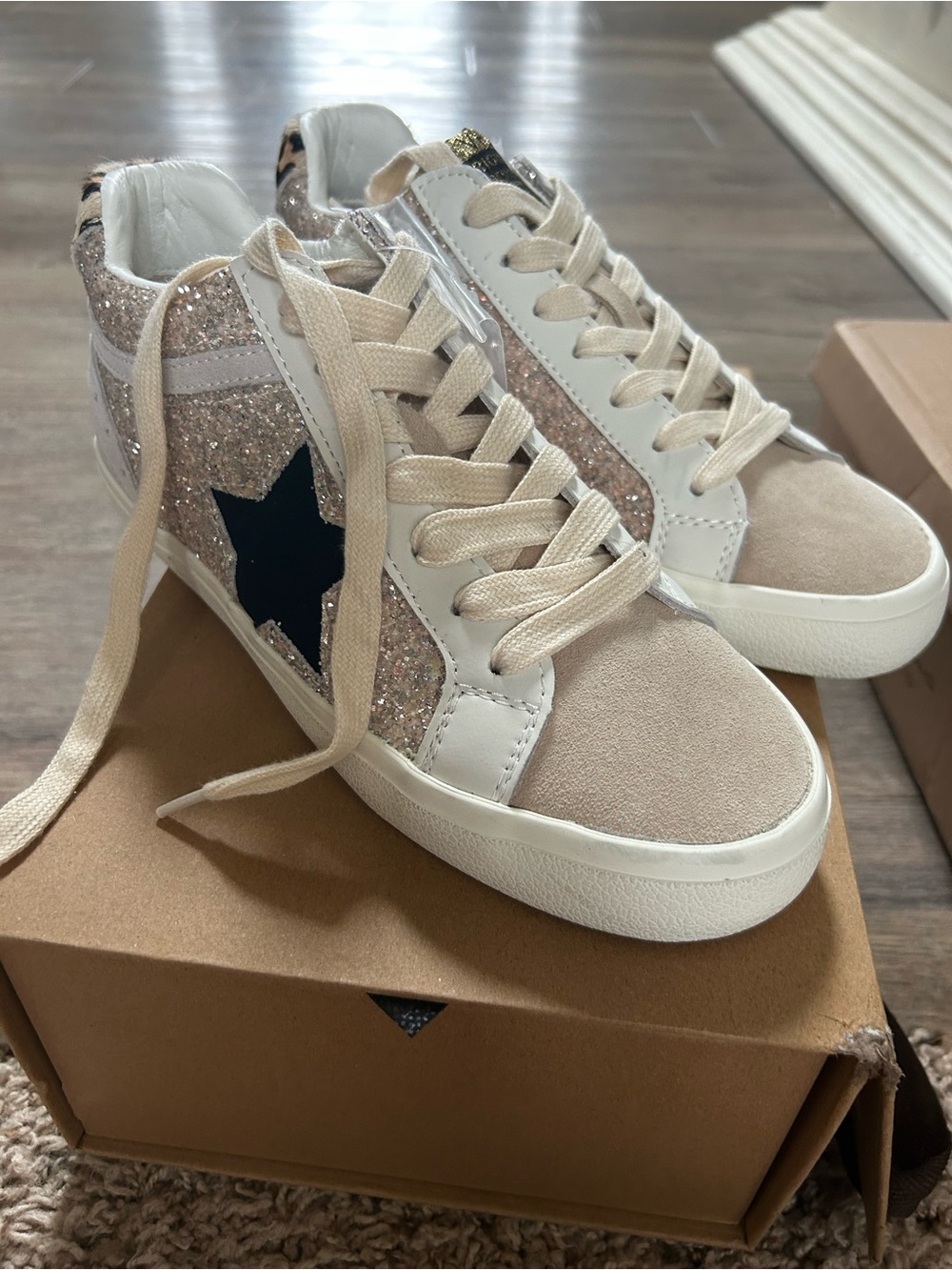 Vintage Havana Beige Glitter Star High-Top Sneakers with Star